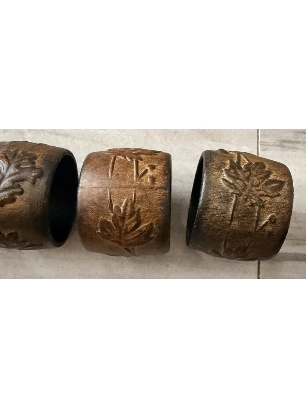 Brown Embossed Leaves Napkin Rings Set of 4 Round Rustic Fall